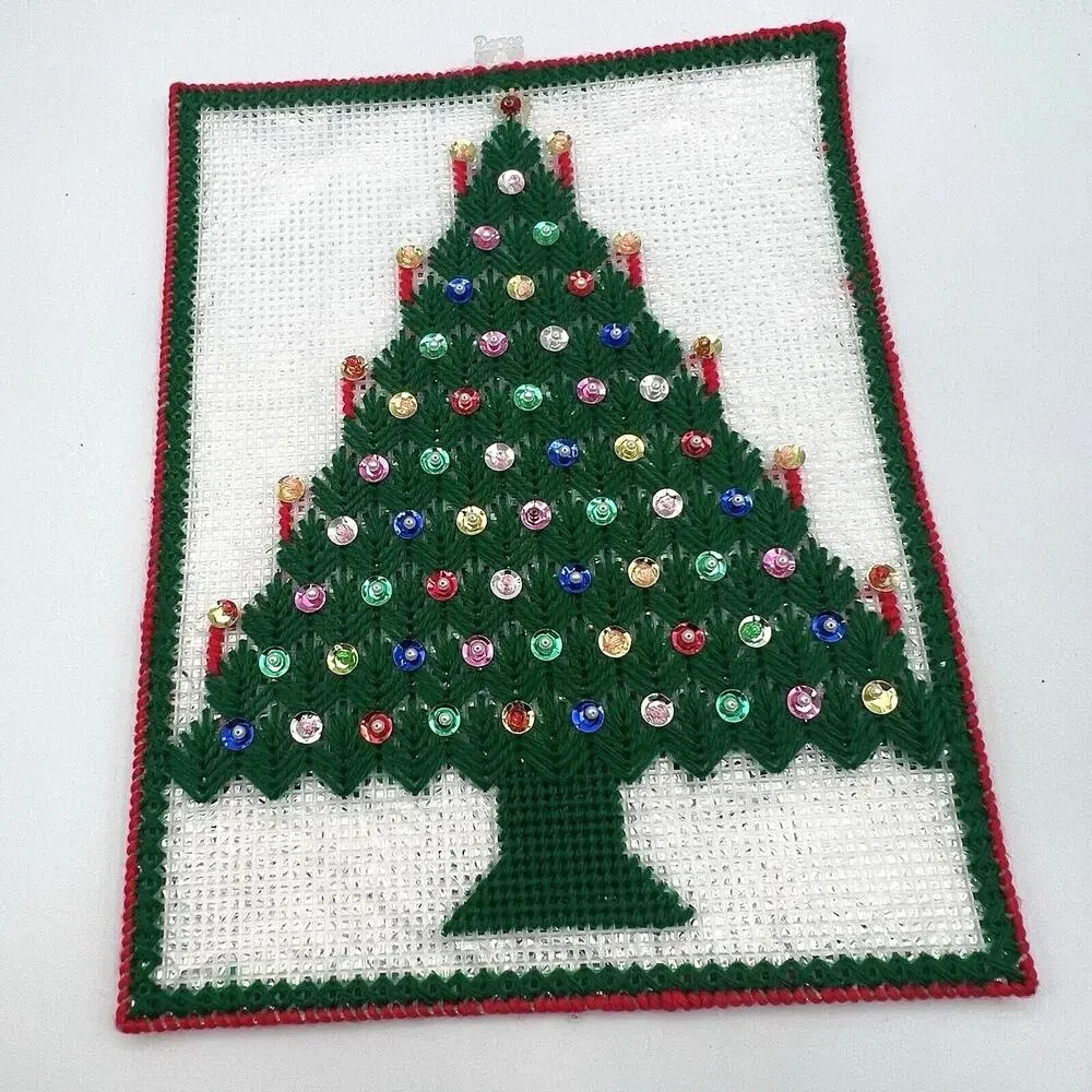 Vtg Christmas Tree Yarn Art Plastic Canvas Sequins Wall Hanging Craft Decor 14